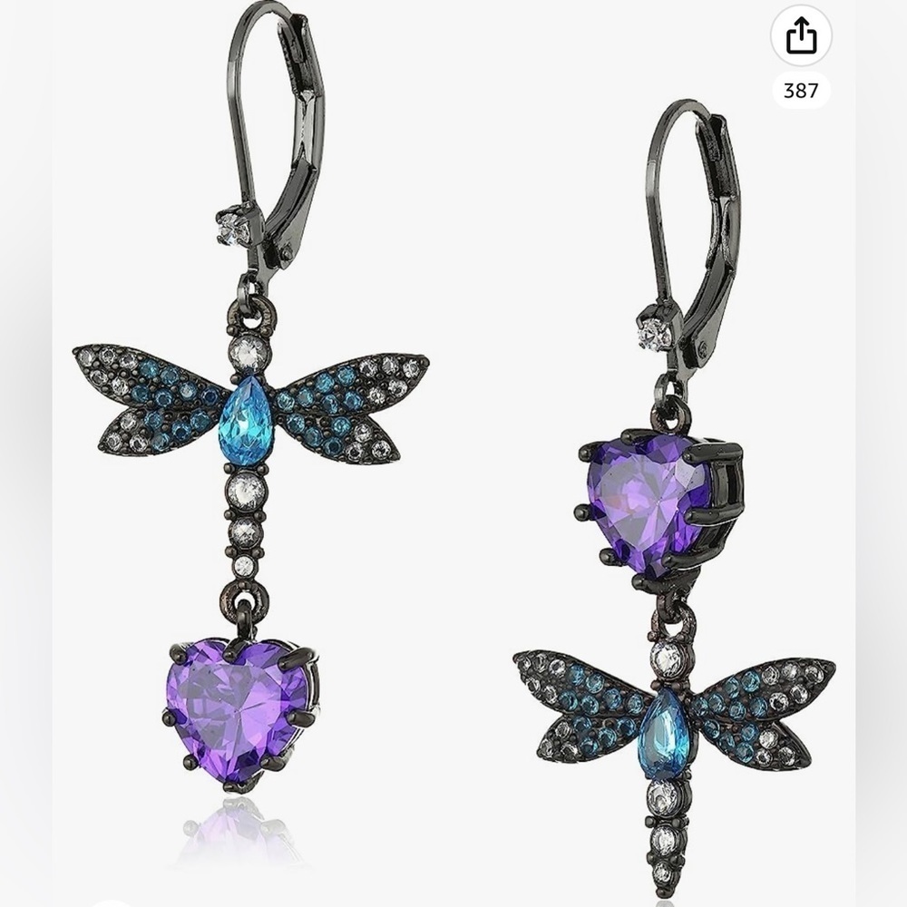 Betsey Johnson CZ & Butterfly Double Mismatch Drop Earring, Purple/Blue, NIB